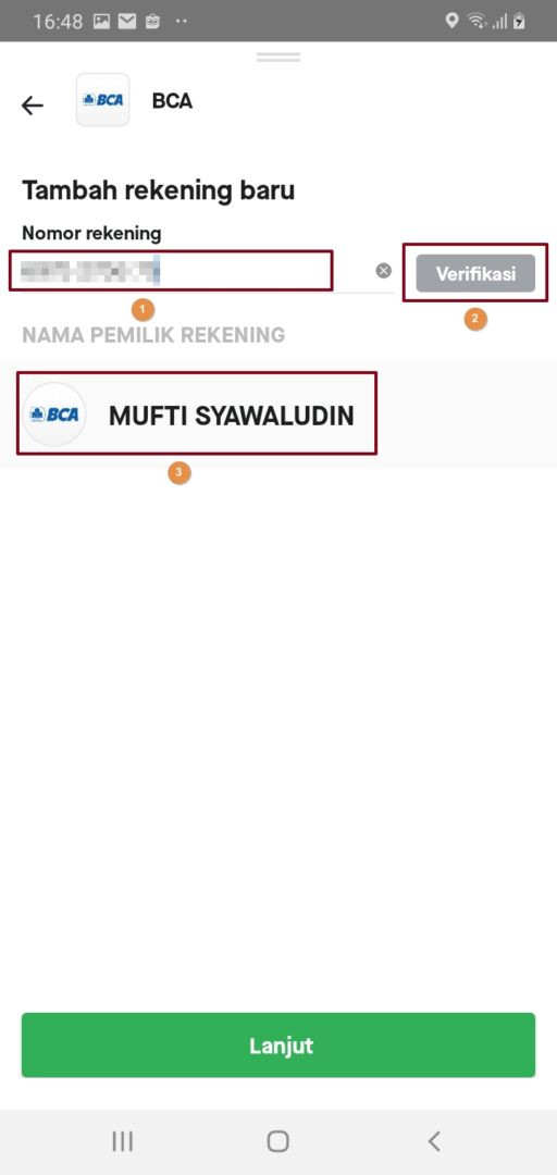 Masukan no rekening baru untuk transfer saldo gopay