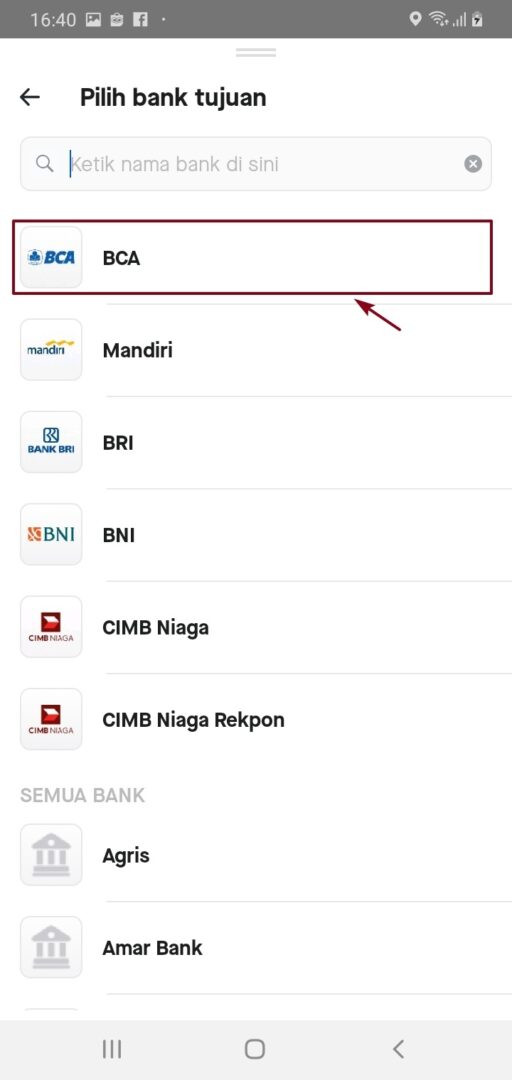 Pilih bank tujuan transfer saldo gopay