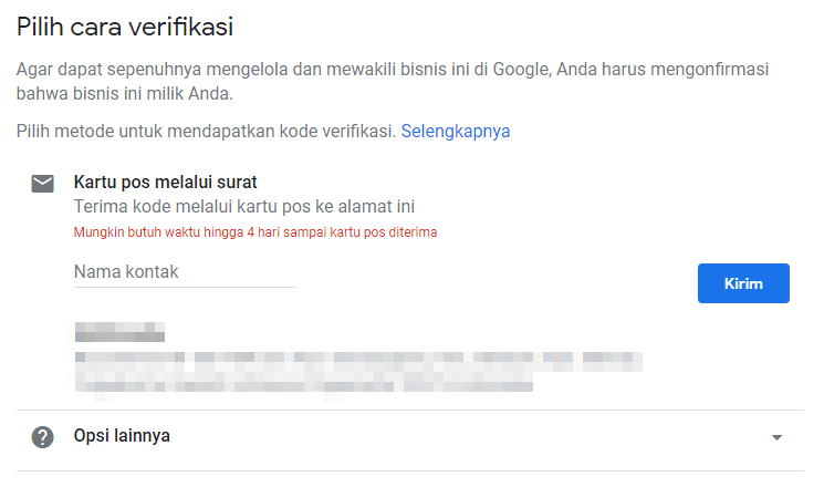 Pilih cara verifikasi kepemilikan akun google my business