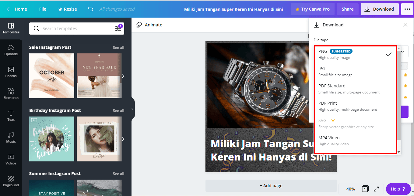 Pilih tipe file desain canva yang akan di download