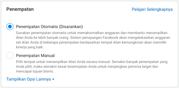 Cara beriklan di facebook ads opsi penempatan iklan