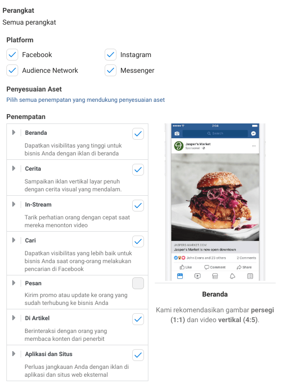 Cara beriklan di facebook ads pilih penempatan iklan