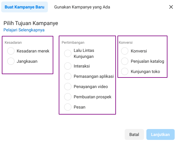 Cara beriklan di facebook ads pilih tujuan iklan