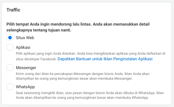 Cara beriklan di facebook ads pilih tujuan trafik