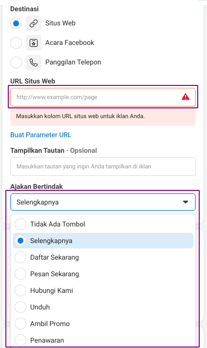 Cara beriklan di facebook ads tambahkan url website