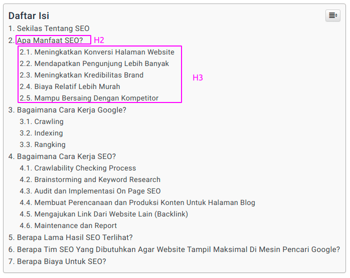 Contoh heading di daftar isi