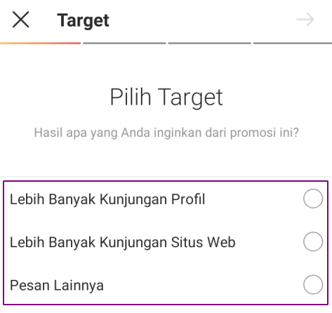 Pilih target promosi post di instagram