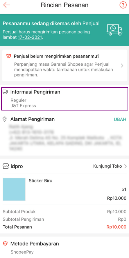 Masuk ke halaman informasi pengiriman di shopee