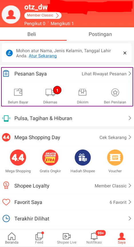 Masuk ke halaman pesanan saya di shopee