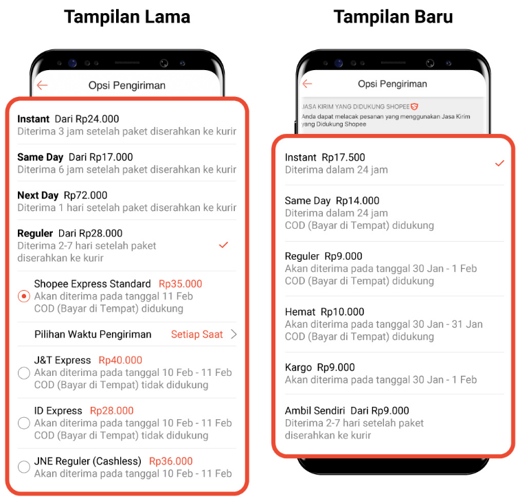 Perbedaan tampilan opsi pengiriman shopee lama dan baru