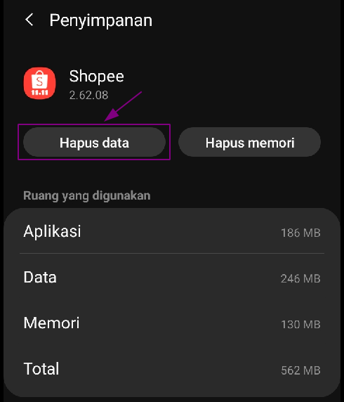 Pilih hapus data penyimpanan aplikasi shopee