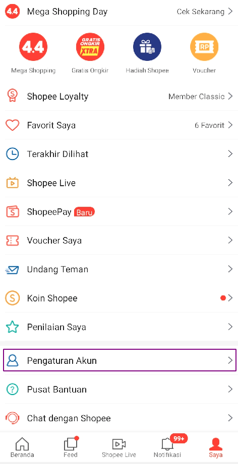 Pilih pengaturan akun di shopee