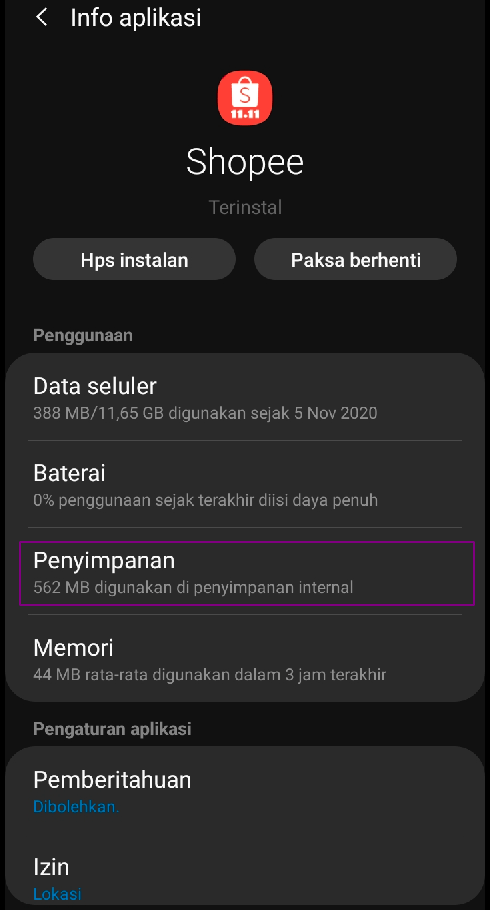 Pilih penyimpanan aplikasi shopee