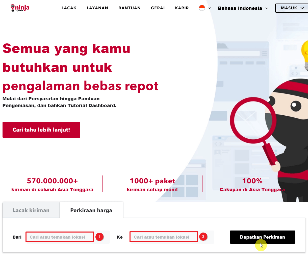 Cek tarif ongkir via situs resmi ninja xpress