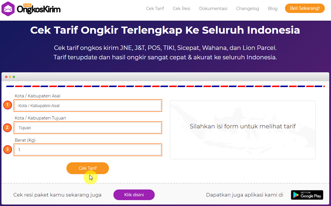 Cek tarif ongkos kirim via situs pluginongkoskirim