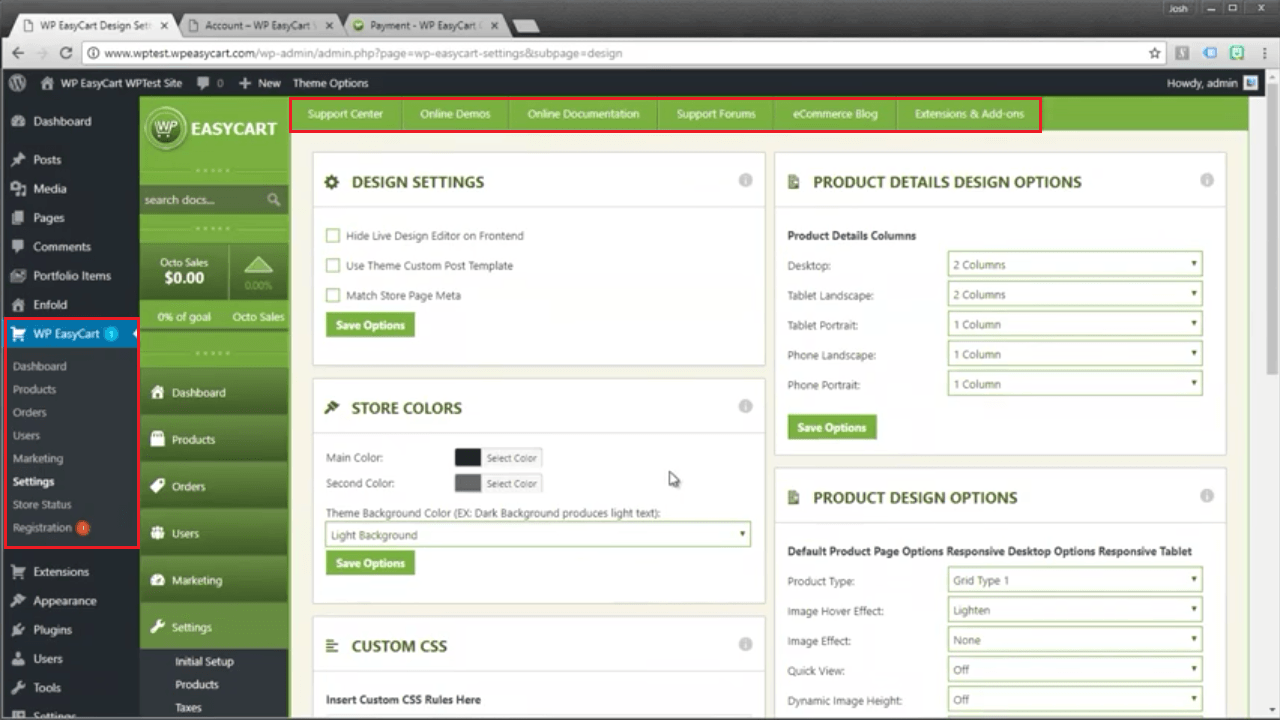 Plugin toko online wordpress terbaik, dashboard plugin wp easy cart