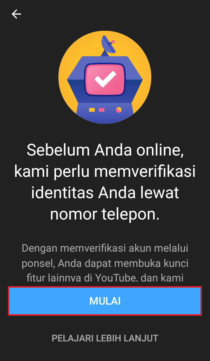 Cara jualan menggunakan live streaming grup youtube, langkah 2 live streaming youtube pilih mulai untuk verifikasi nomor