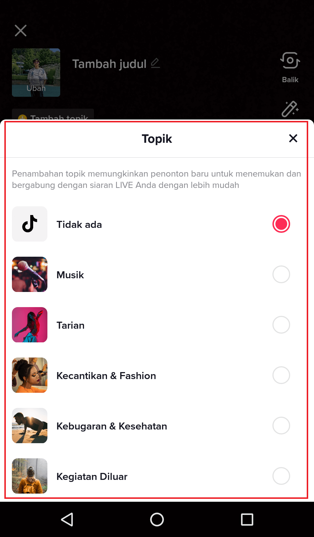 Cara jualan menggunakan live streaming tiktok, langkah 3 live streaming tiktok pilih topik