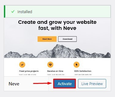 Tema wordpress terbaik gratis untuk perusahaan, langkah aktivasi tema wordpress neve