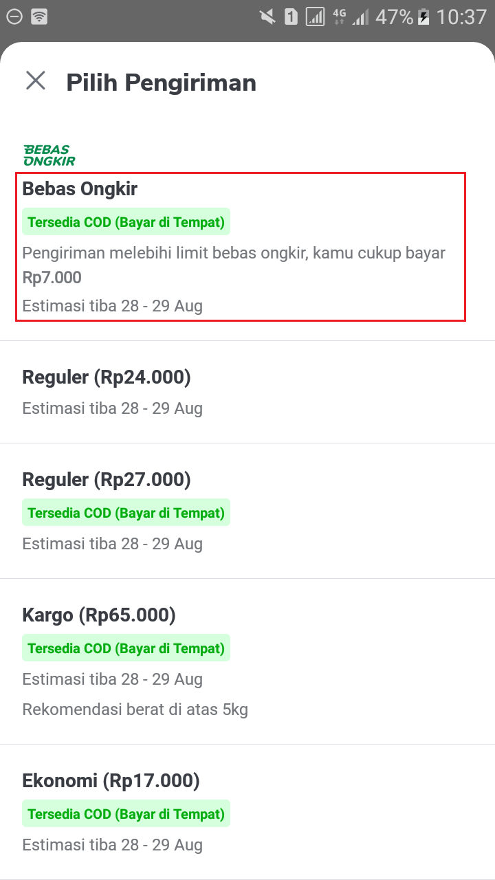 Cara belanja di tokopedia, pilih pengiriman (bebas ongkir)