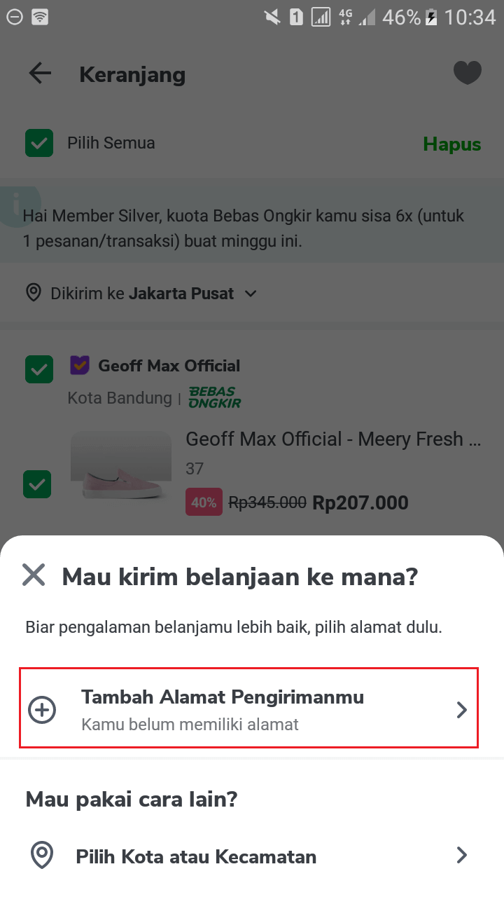 Cara belanja di tokopedia, pilih tambah alamat pengiriman