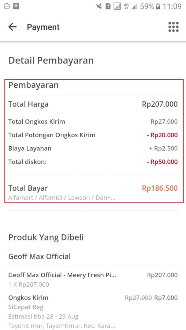 Cara belanja di tokopedia, total pembayaran