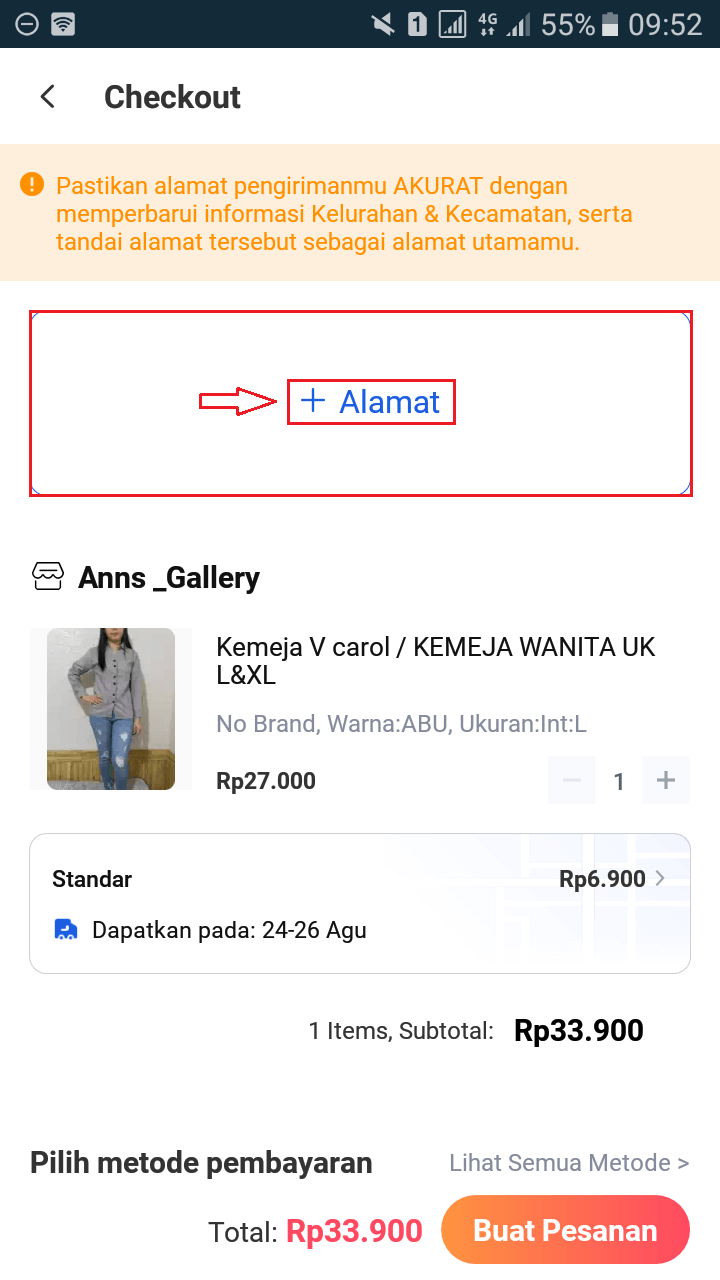 Cara beli barang di lazada, pilih tambah alamat