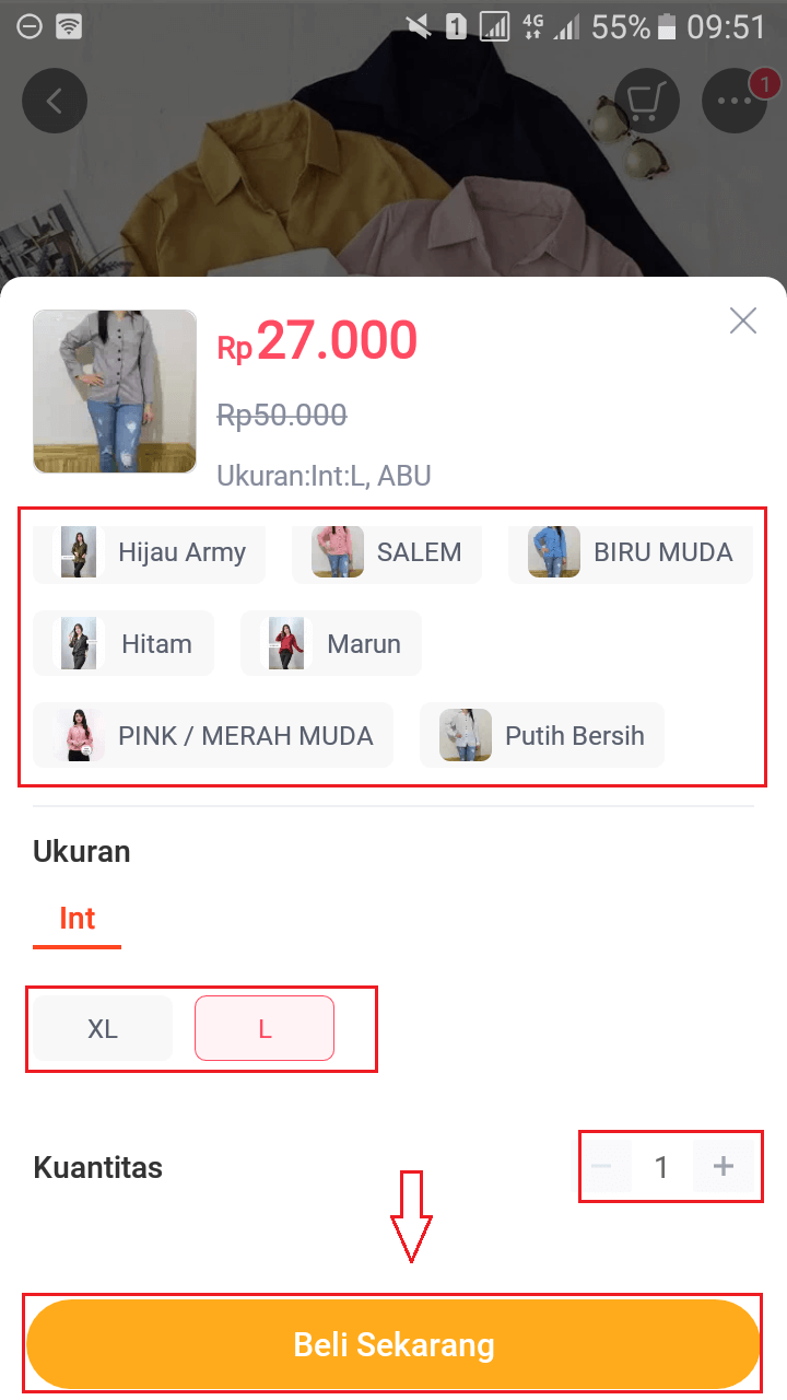 Cara beli barang di lazada, pilih warna dan ukuran