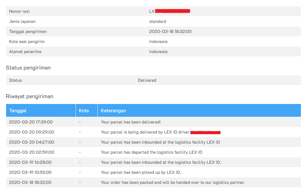 Cara cek resi lel express, hasil cek lewat situs cekpengiriman. Com