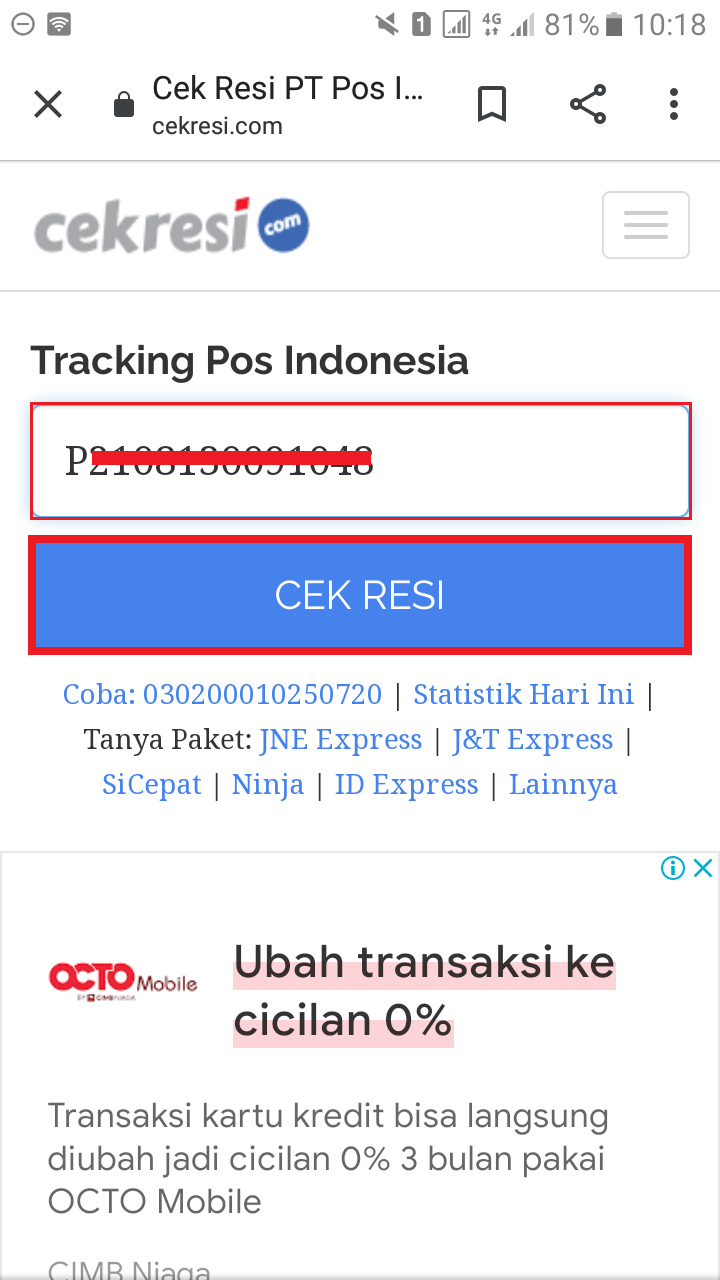 Cek resi pos indonesia, lewat situs cekresi, masukan resi pos indonesia