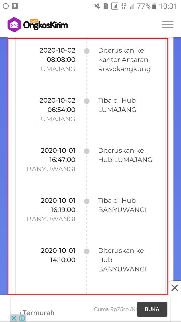 Cek resi pos indonesia, lewat situs pluginongkoskirim, hasil pelacakan resi (2)