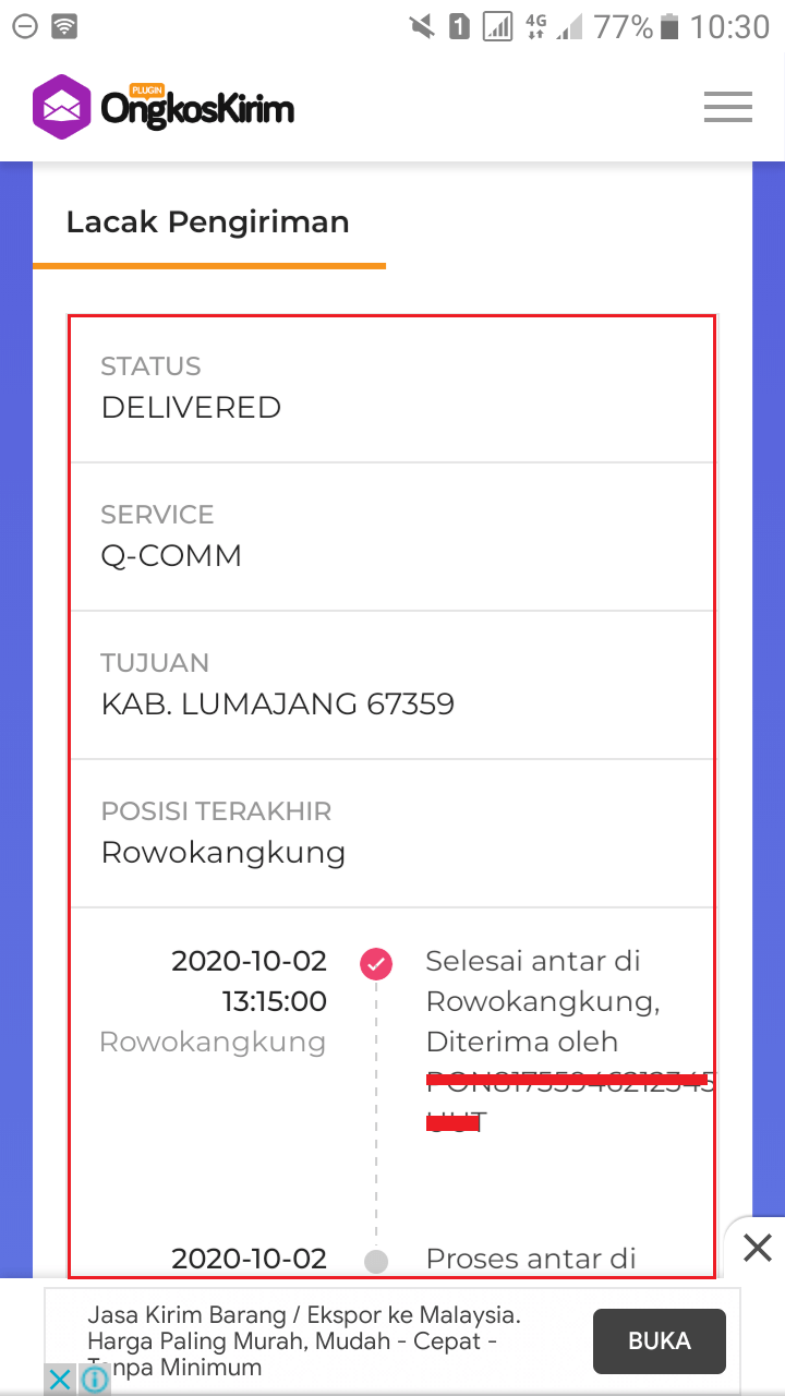Cek resi pos indonesia, lewat situs pluginongkoskirim, hasil pelacakan resi