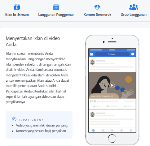 Cara monetisasi facebook iklan instream