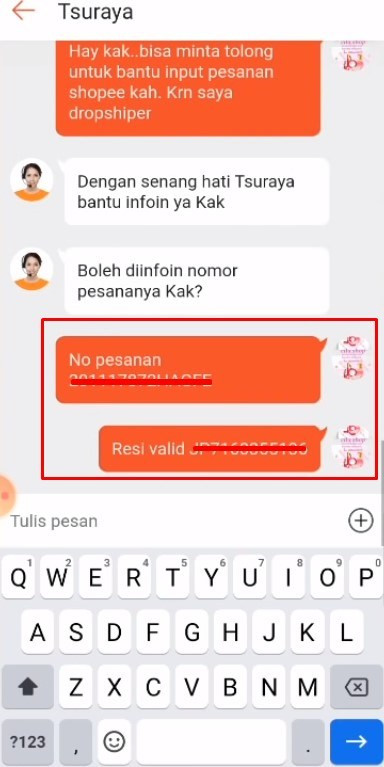 Cara dropship shopee ke shopee, chat dengan shopee terkait nomor pesanan dan resi