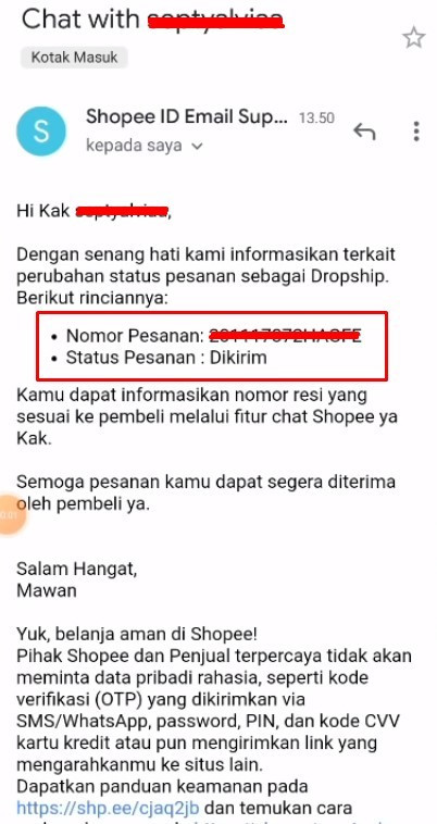 Cara dropship shopee ke shopee, email terkait pesanan