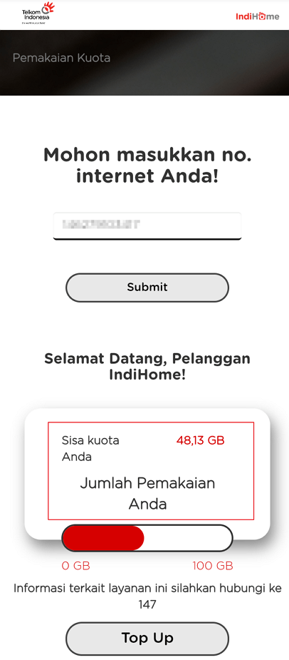 Hasil cek pemakaian kuota internet indihome