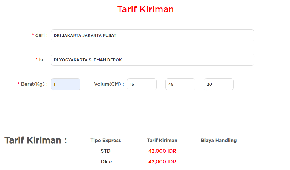 Hasil cek tarif ongkir id express