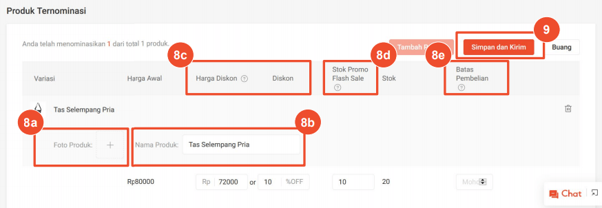 Lengkapi data produk flash sale kemudian klik simpan dan kirim