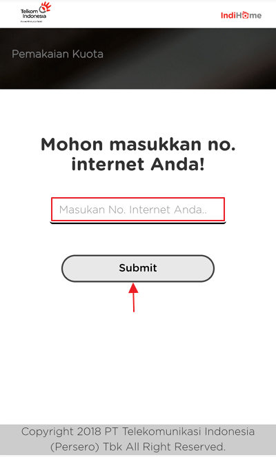 Masukan nomor internet indihome anda kemudian tekan tombol submit