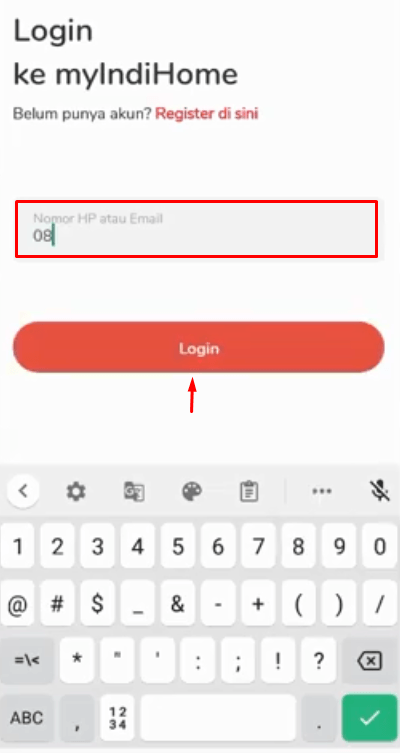Masukan nomor telepon yang terdaftar di indihome untuk login