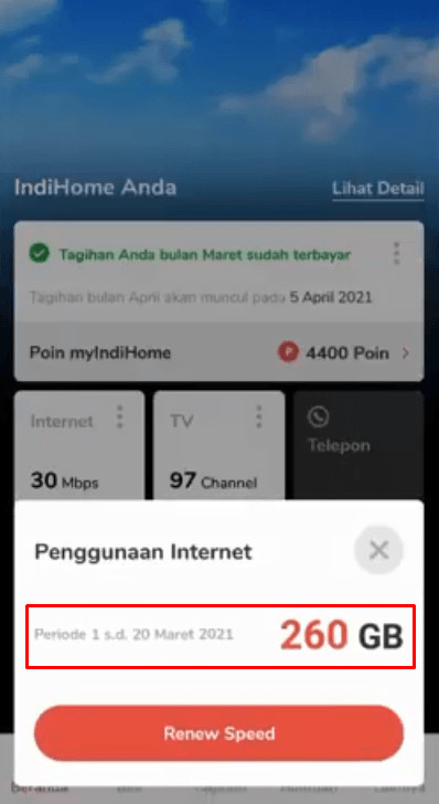 Penggunaan internet indihome di aplikasi myindihome