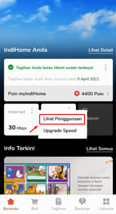 Pilih lihat penggunaan di aplikasi myindihome