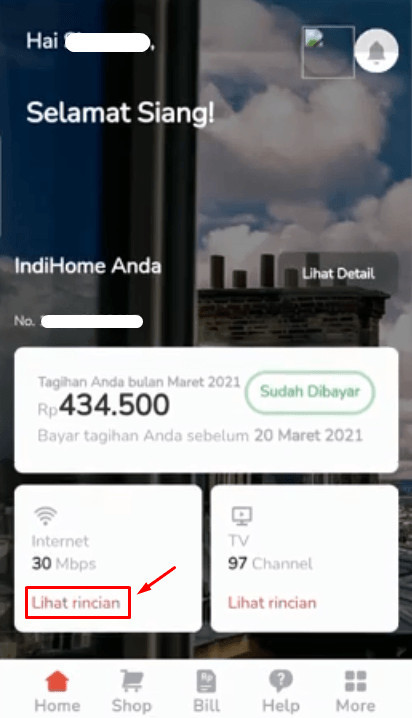 Pilih lihat rincian di kolom internet pada halaman utama indihome