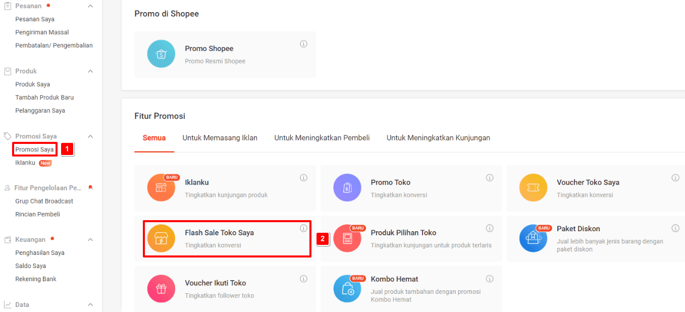 Pilih promosi saya lalu flash sale toko saya