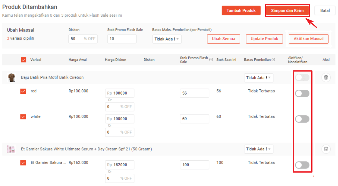 Tekan tombol aktifkan nonaktifkan produk flash sale shopee