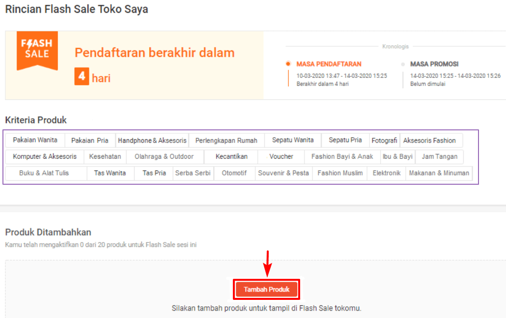 Tekan tombol tambah produk falsh sale shopee