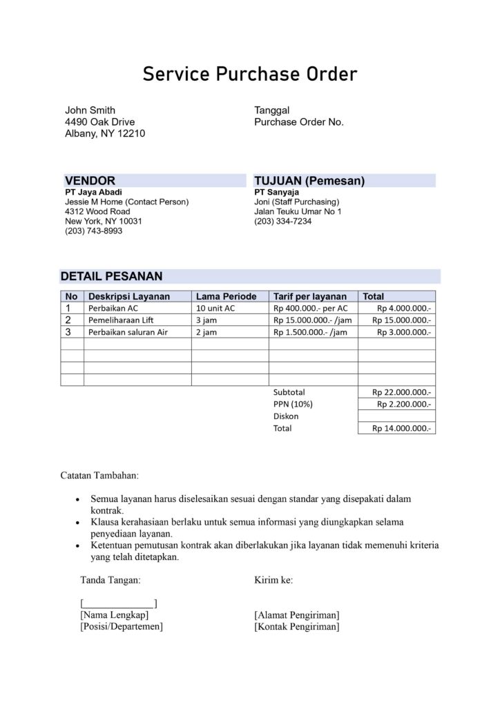 Unduh gratis template dokumen service purchase order word excel