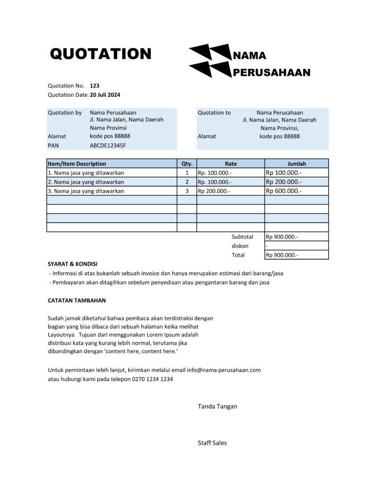 Contoh price quotation template gratis untuk berbagai jenis bisnis 3