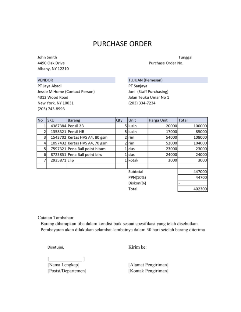 Unduh contoh purchase order excel gratis