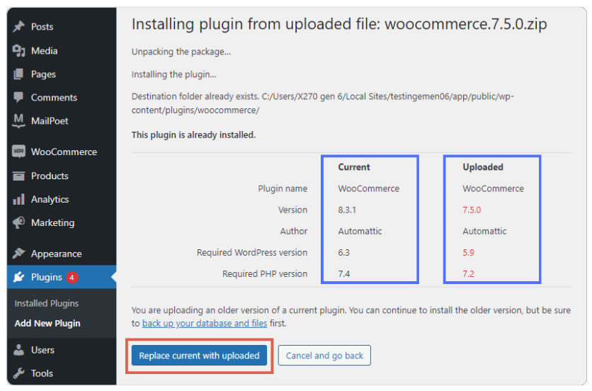 Cara downgrade woocommerce ke versi sebelumnya